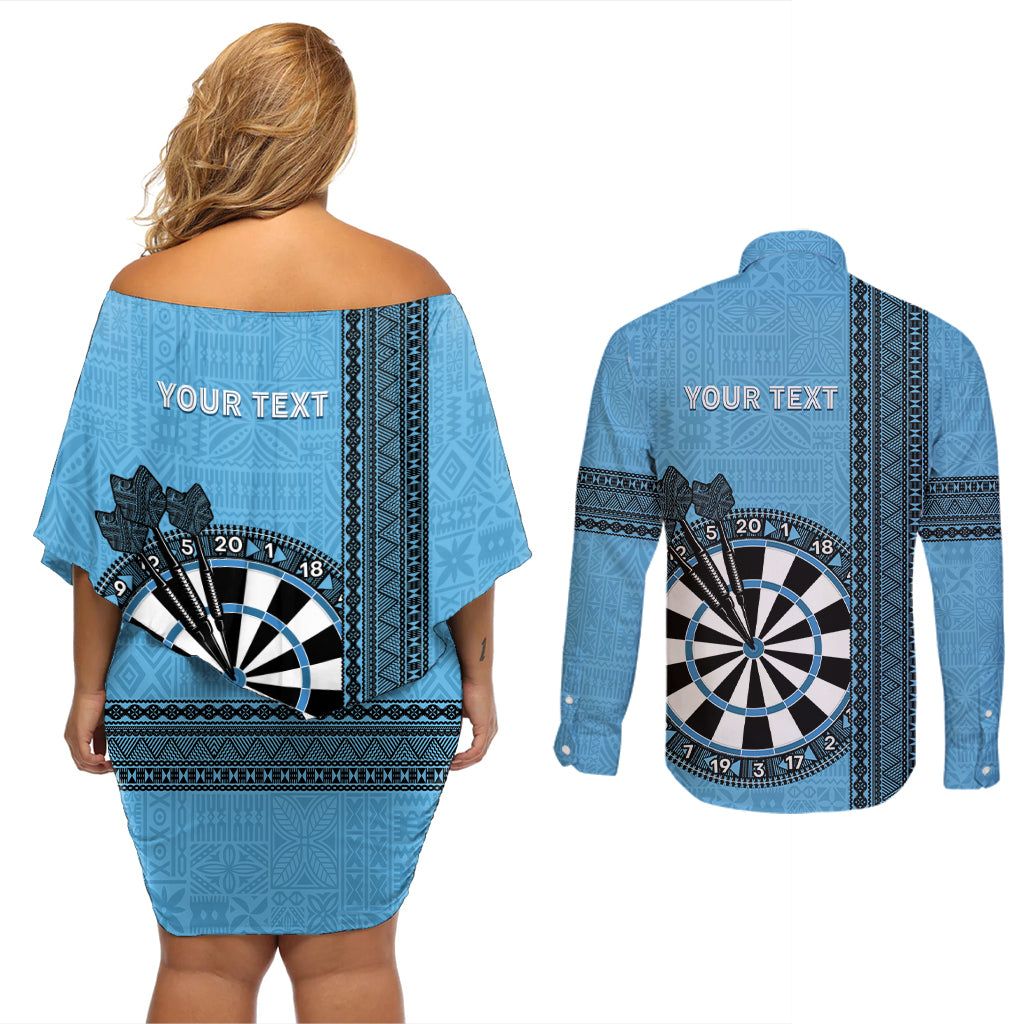 Personalised Fiji Darts Couples Matching Off Shoulder Short Dress and Long Sleeve Button Shirt Fijian Tapa Pattern - Blue
