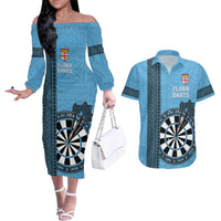 Personalised Fiji Darts Couples Matching Off The Shoulder Long Sleeve Dress and Hawaiian Shirt Fijian Tapa Pattern - Blue LT14 Blue - Polynesian Pride