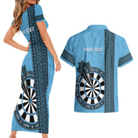 Personalised Fiji Darts Couples Matching Short Sleeve Bodycon Dress and Hawaiian Shirt Fijian Tapa Pattern - Blue LT14 - Polynesian Pride