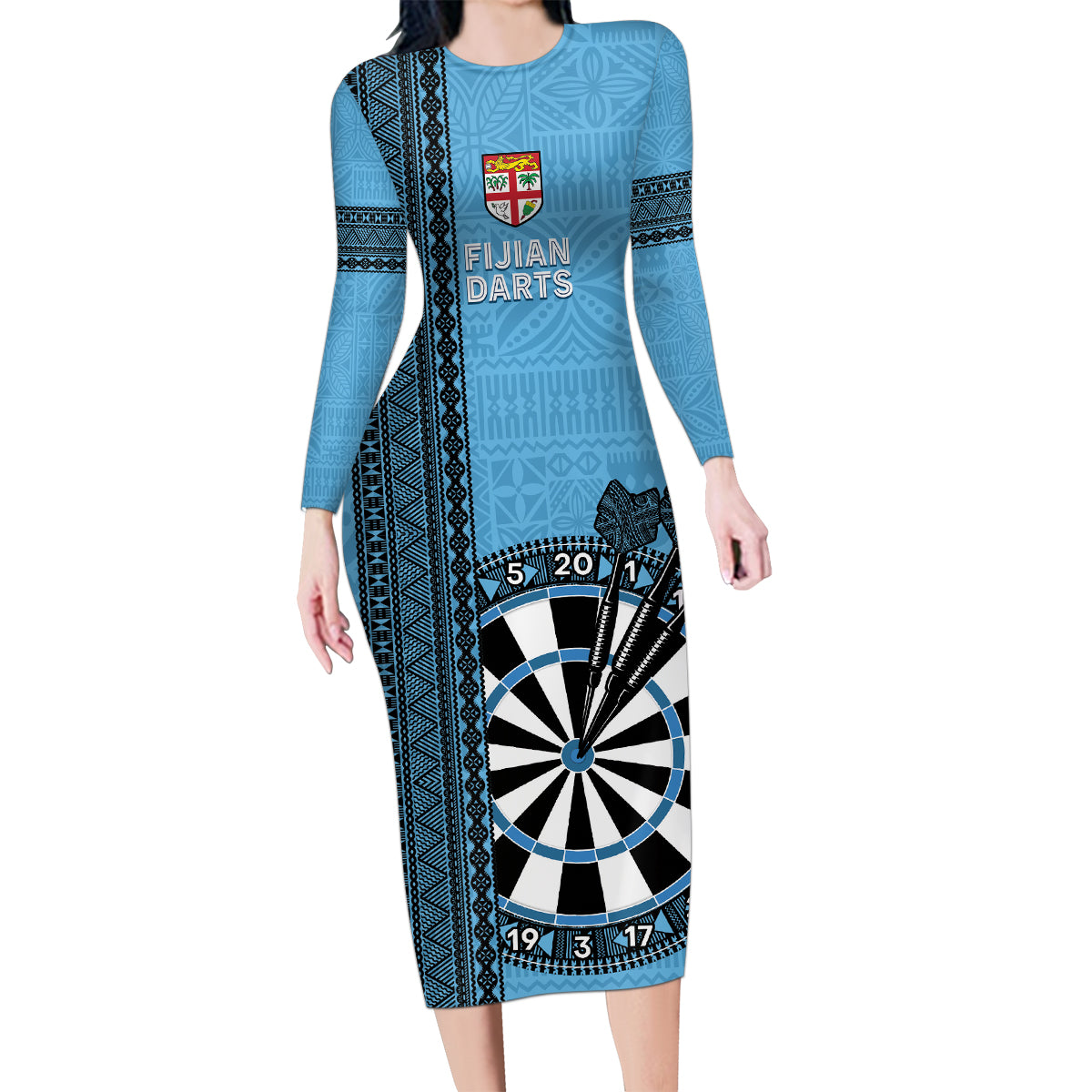 Personalised Fiji Darts Family Matching Long Sleeve Bodycon Dress and Hawaiian Shirt Fijian Tapa Pattern - Blue LT14 Mom's Dress Blue - Polynesian Pride