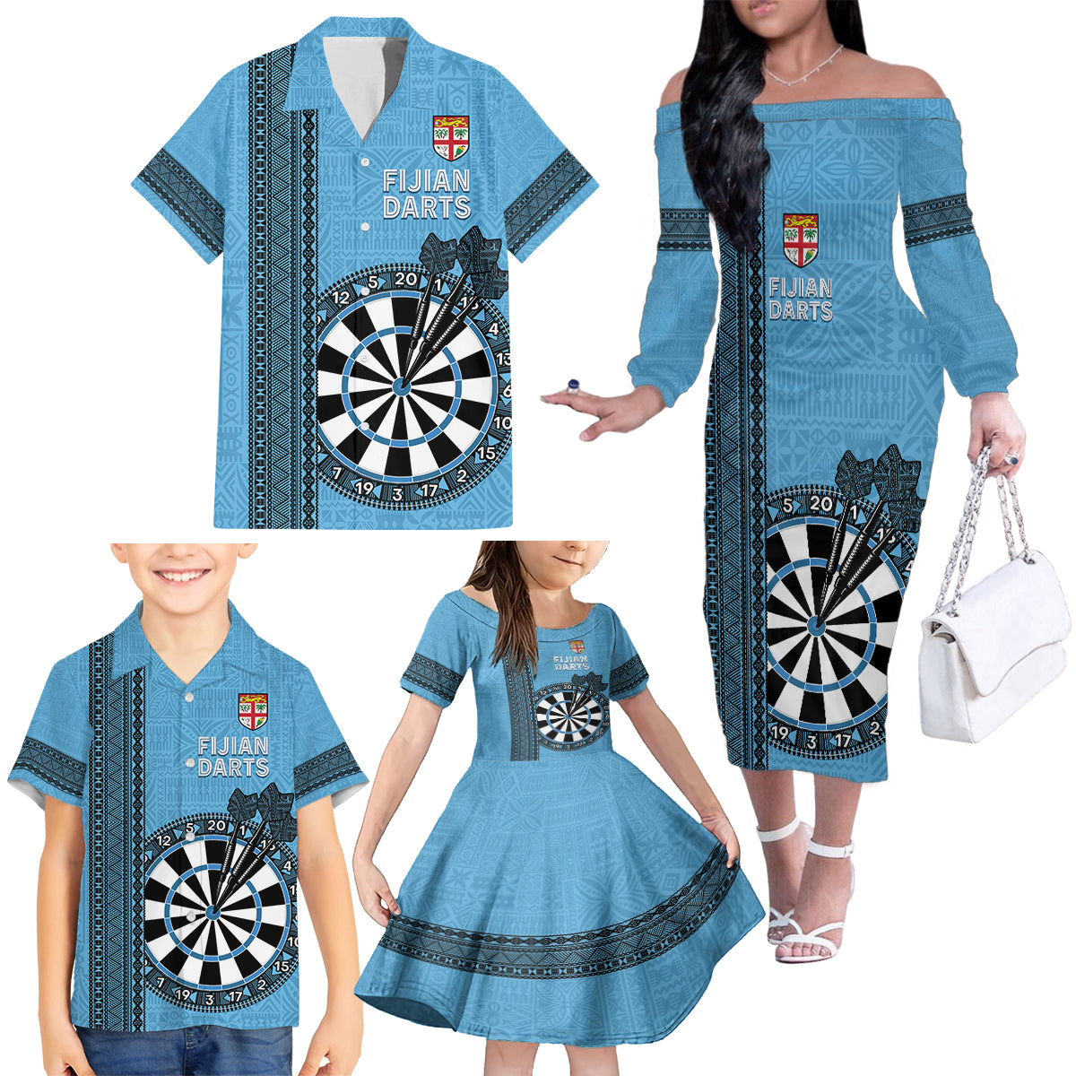 Personalised Fiji Darts Family Matching Off The Shoulder Long Sleeve Dress and Hawaiian Shirt Fijian Tapa Pattern - Blue LT14 - Polynesian Pride
