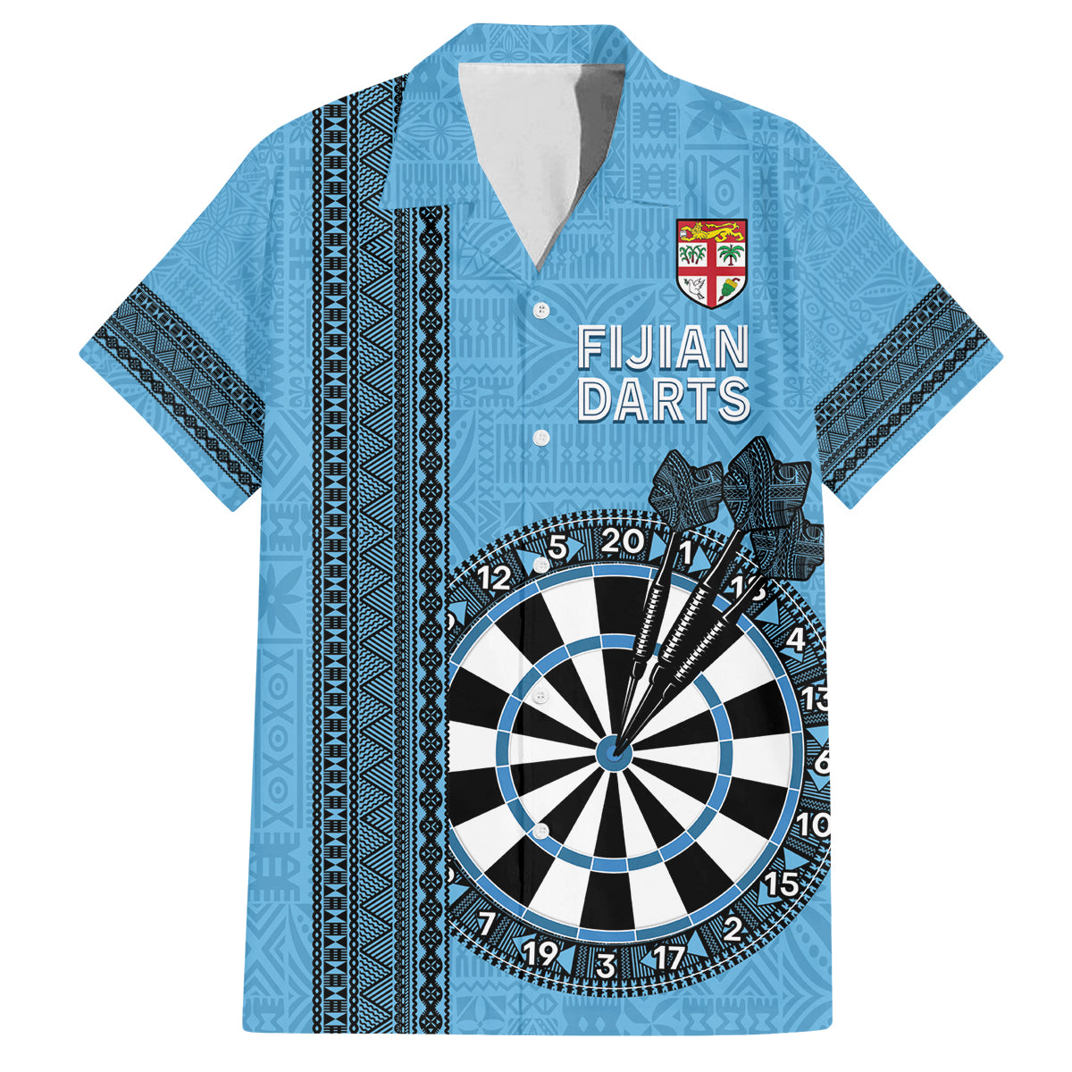 Personalised Fiji Darts Family Matching Off The Shoulder Long Sleeve Dress and Hawaiian Shirt Fijian Tapa Pattern - Blue LT14 Dad's Shirt - Short Sleeve Blue - Polynesian Pride
