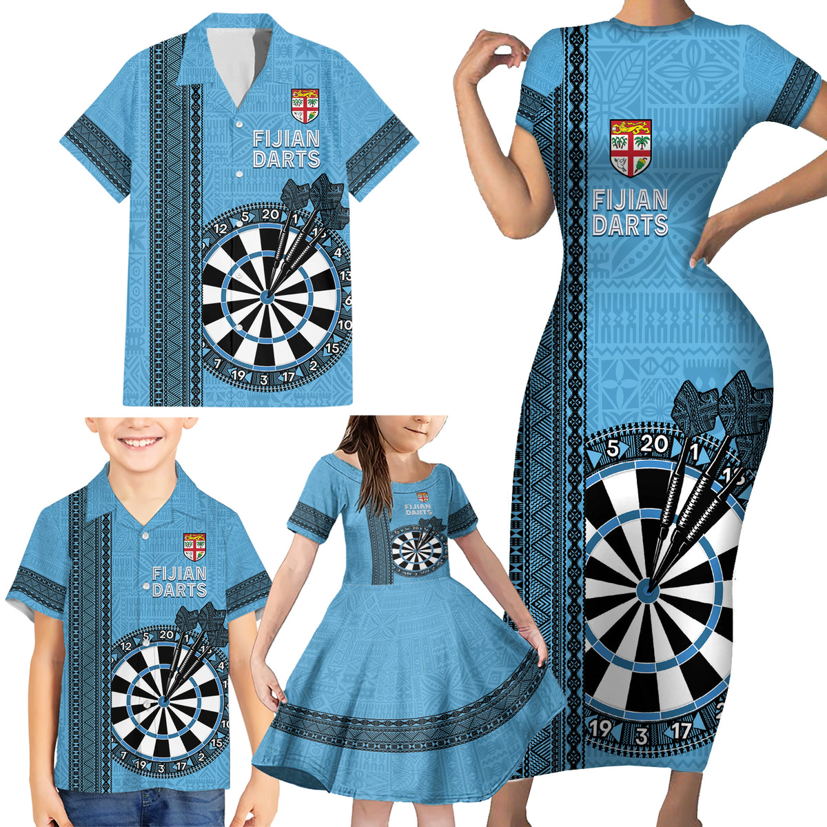 Personalised Fiji Darts Family Matching Short Sleeve Bodycon Dress and Hawaiian Shirt Fijian Tapa Pattern - Blue LT14 - Polynesian Pride