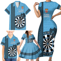Personalised Fiji Darts Family Matching Short Sleeve Bodycon Dress and Hawaiian Shirt Fijian Tapa Pattern - Blue LT14 - Polynesian Pride