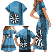 Personalised Fiji Darts Family Matching Short Sleeve Bodycon Dress and Hawaiian Shirt Fijian Tapa Pattern - Blue LT14 - Polynesian Pride