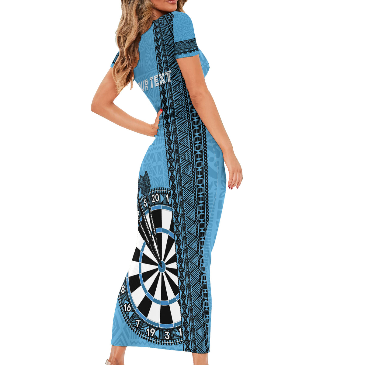 Personalised Fiji Darts Family Matching Short Sleeve Bodycon Dress and Hawaiian Shirt Fijian Tapa Pattern - Blue LT14 - Polynesian Pride