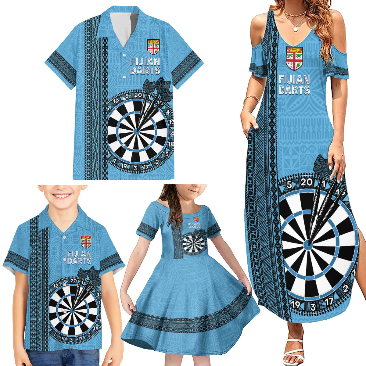 Personalised Fiji Darts Family Matching Summer Maxi Dress and Hawaiian Shirt Fijian Tapa Pattern - Blue LT14 - Polynesian Pride