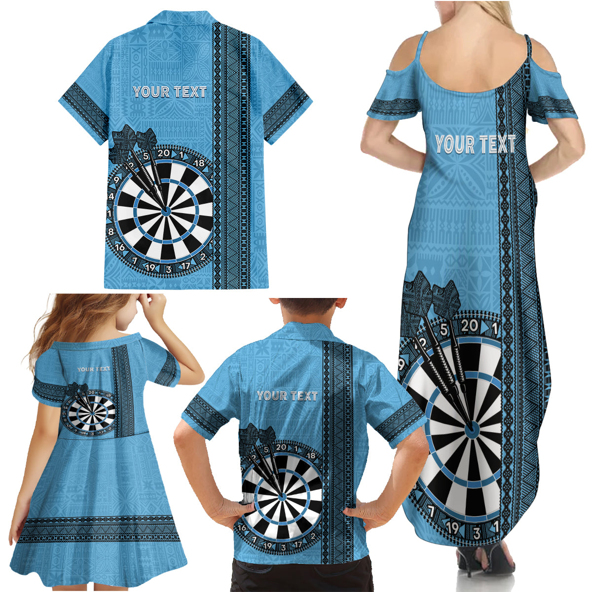 Personalised Fiji Darts Family Matching Summer Maxi Dress and Hawaiian Shirt Fijian Tapa Pattern - Blue LT14 - Polynesian Pride
