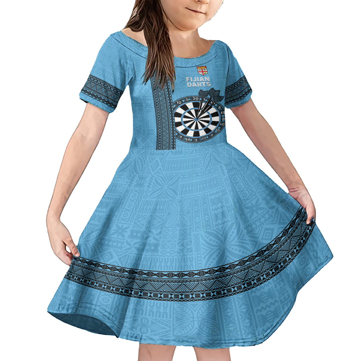 Personalised Fiji Darts Family Matching Tank Maxi Dress and Hawaiian Shirt Fijian Tapa Pattern - Blue LT14 Daughter's Dress Blue - Polynesian Pride