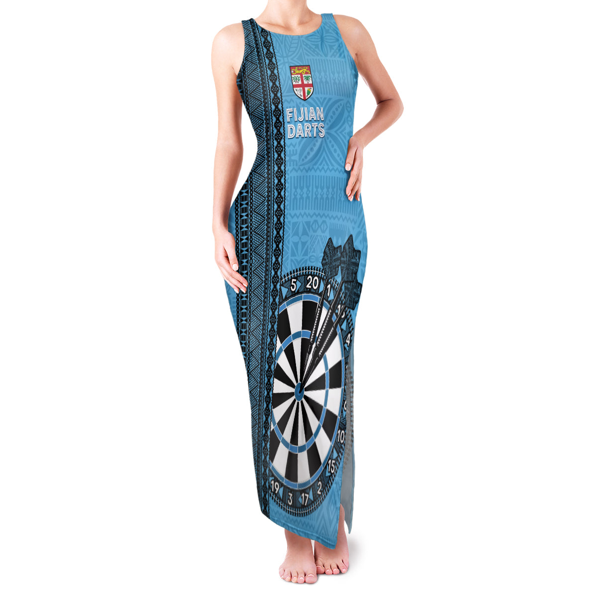 Personalised Fiji Darts Family Matching Tank Maxi Dress and Hawaiian Shirt Fijian Tapa Pattern - Blue LT14 Mom's Dress Blue - Polynesian Pride