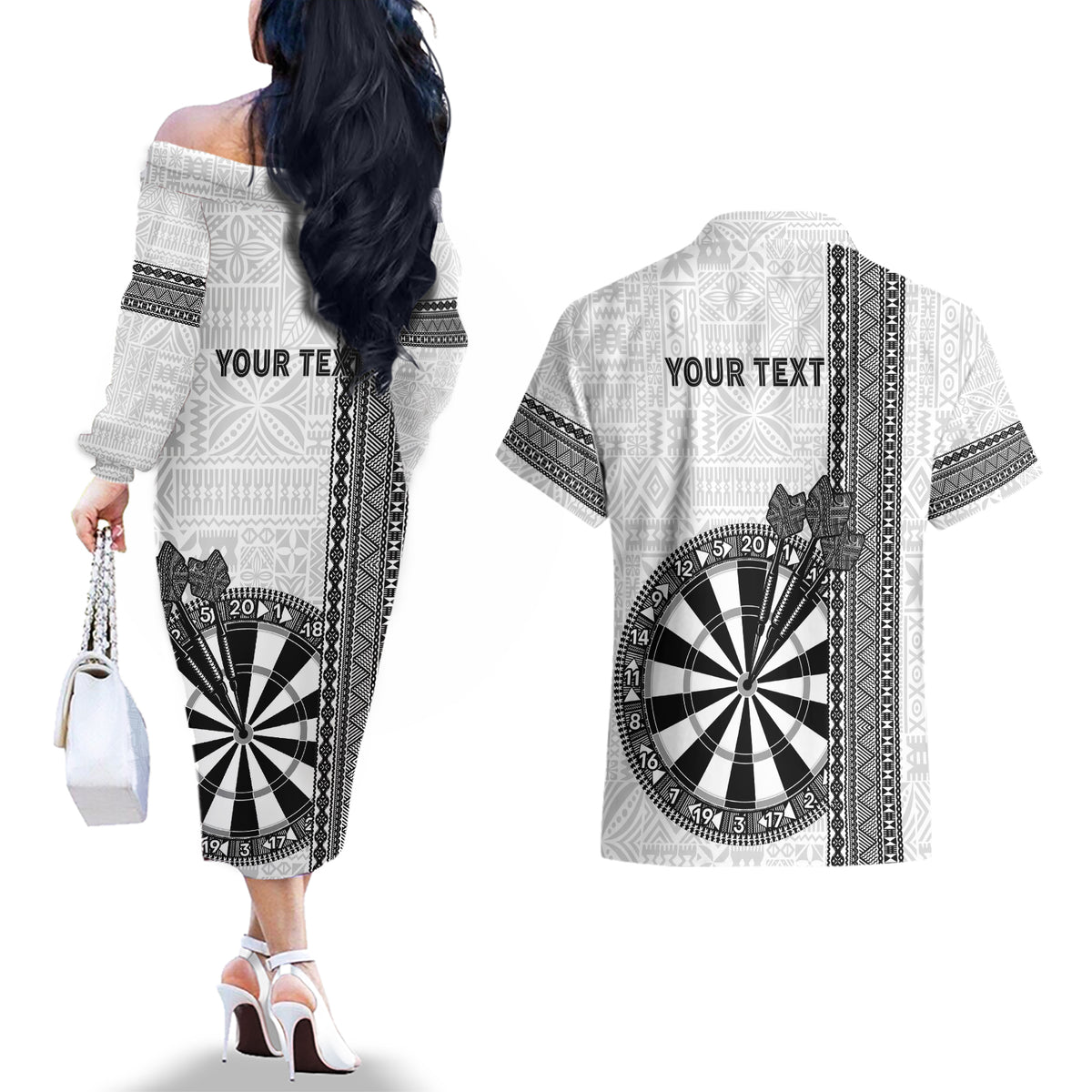 Personalised Fiji Darts Couples Matching Off The Shoulder Long Sleeve Dress and Hawaiian Shirt Fijian Tapa Pattern - White LT14 - Polynesian Pride