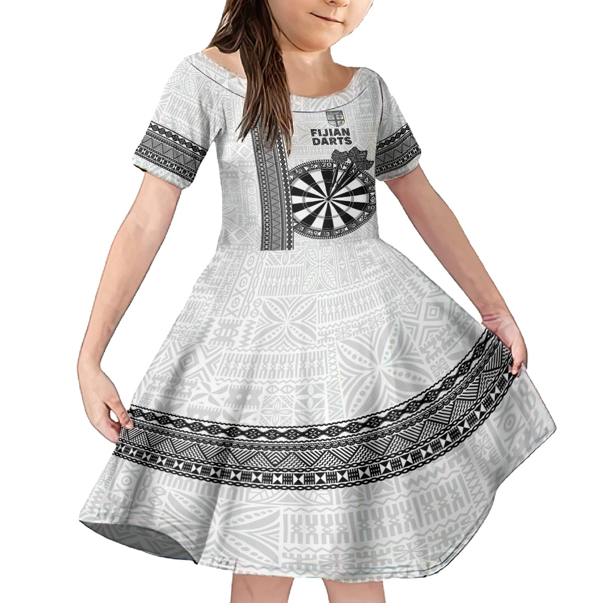 Personalised Fiji Darts Family Matching Long Sleeve Bodycon Dress and Hawaiian Shirt Fijian Tapa Pattern - White LT14 Daughter's Dress White - Polynesian Pride