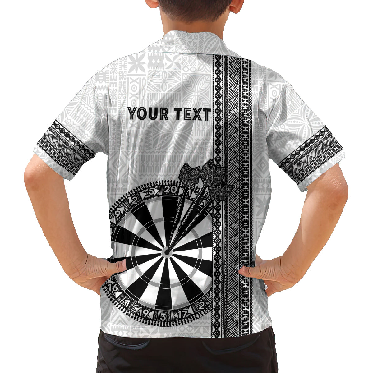 Personalised Fiji Darts Family Matching Off The Shoulder Long Sleeve Dress and Hawaiian Shirt Fijian Tapa Pattern - White LT14 - Polynesian Pride