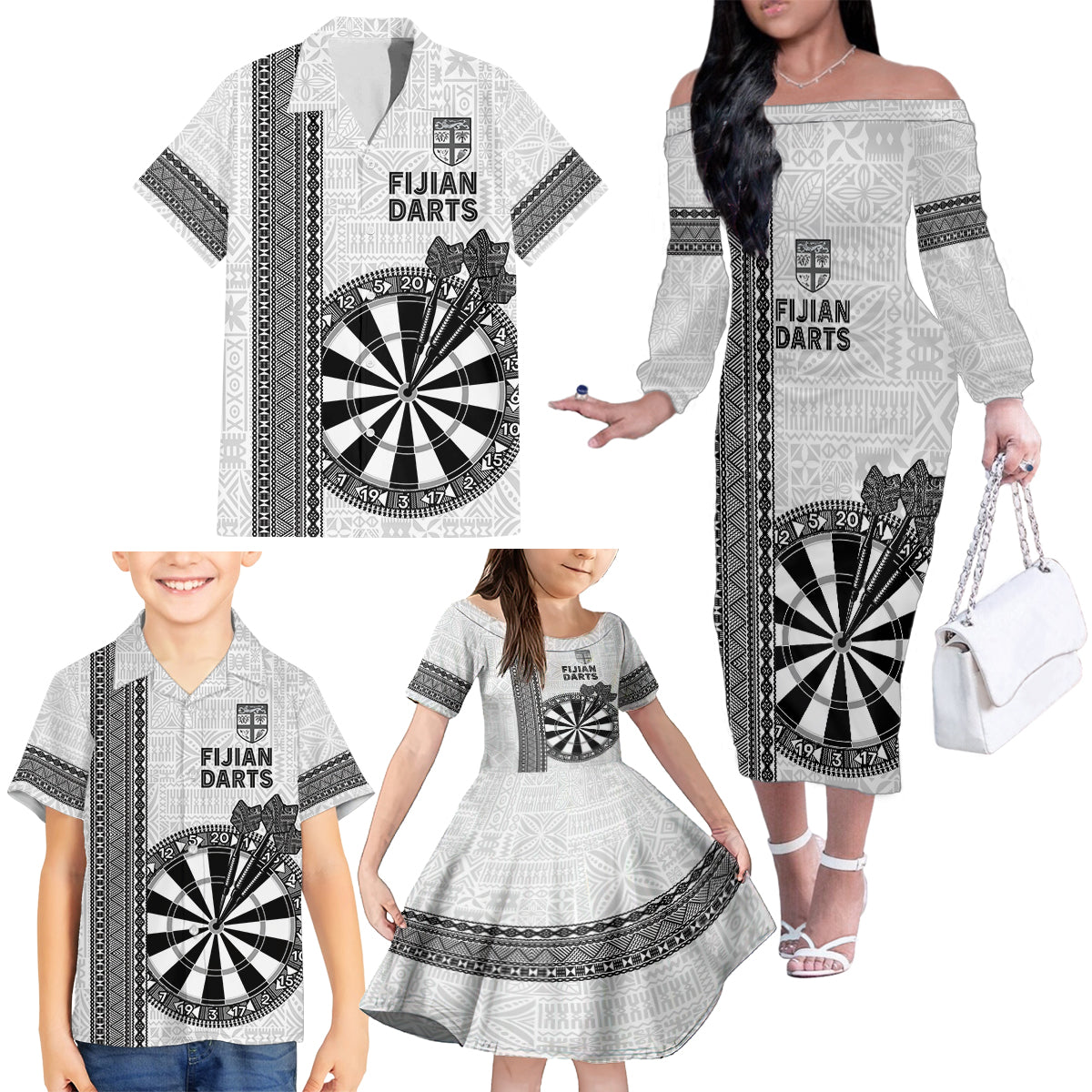 Personalised Fiji Darts Family Matching Off The Shoulder Long Sleeve Dress and Hawaiian Shirt Fijian Tapa Pattern - White LT14 - Polynesian Pride
