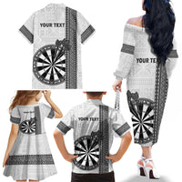 Personalised Fiji Darts Family Matching Off The Shoulder Long Sleeve Dress and Hawaiian Shirt Fijian Tapa Pattern - White LT14 - Polynesian Pride