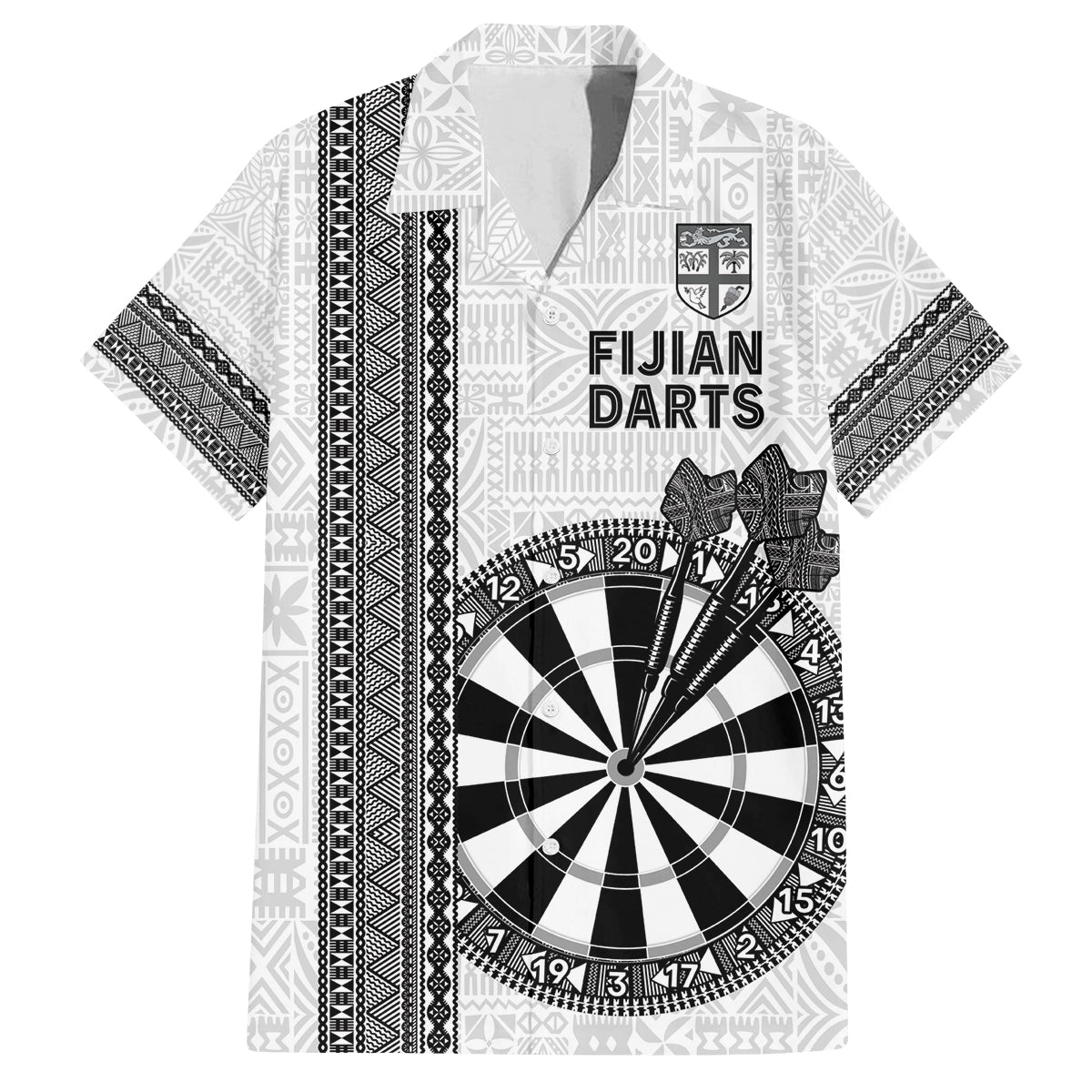 Personalised Fiji Darts Family Matching Off The Shoulder Long Sleeve Dress and Hawaiian Shirt Fijian Tapa Pattern - White LT14 Dad's Shirt - Short Sleeve White - Polynesian Pride