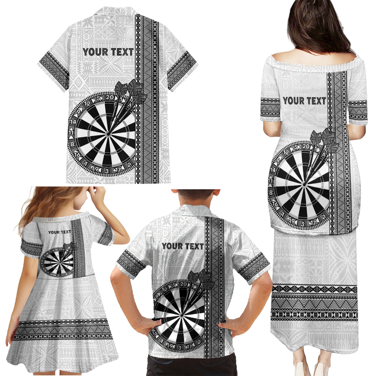 Personalised Fiji Darts Family Matching Puletasi and Hawaiian Shirt Fijian Tapa Pattern - White LT14 - Polynesian Pride