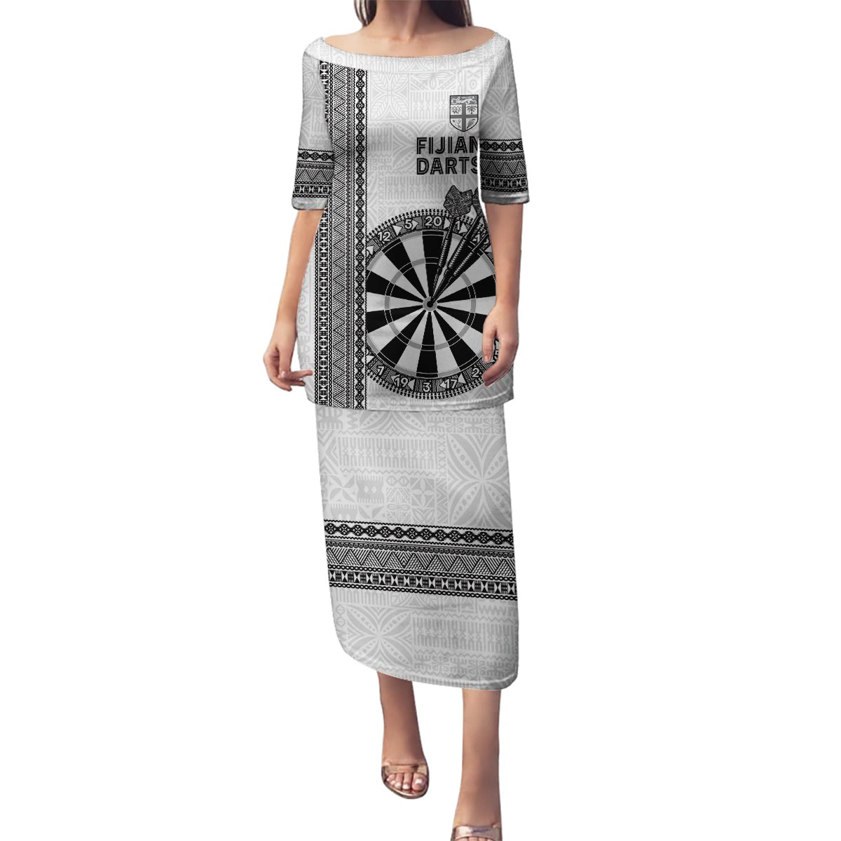 Personalised Fiji Darts Family Matching Puletasi and Hawaiian Shirt Fijian Tapa Pattern - White LT14 Mom's Dress White - Polynesian Pride