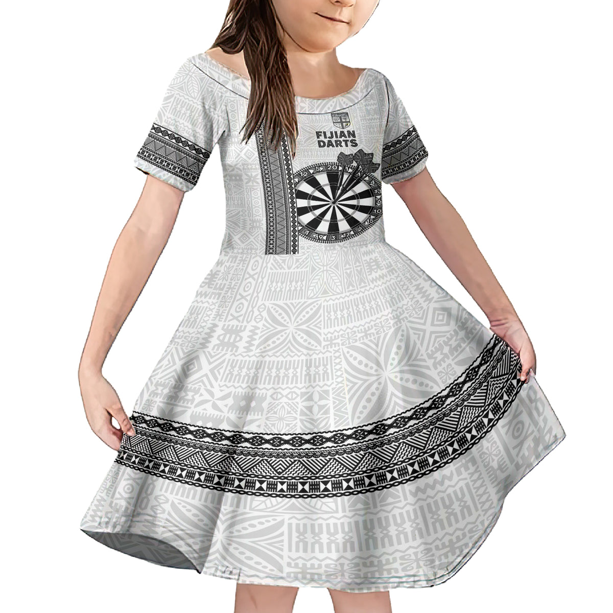 Personalised Fiji Darts Family Matching Short Sleeve Bodycon Dress and Hawaiian Shirt Fijian Tapa Pattern - White LT14 Daughter's Dress White - Polynesian Pride