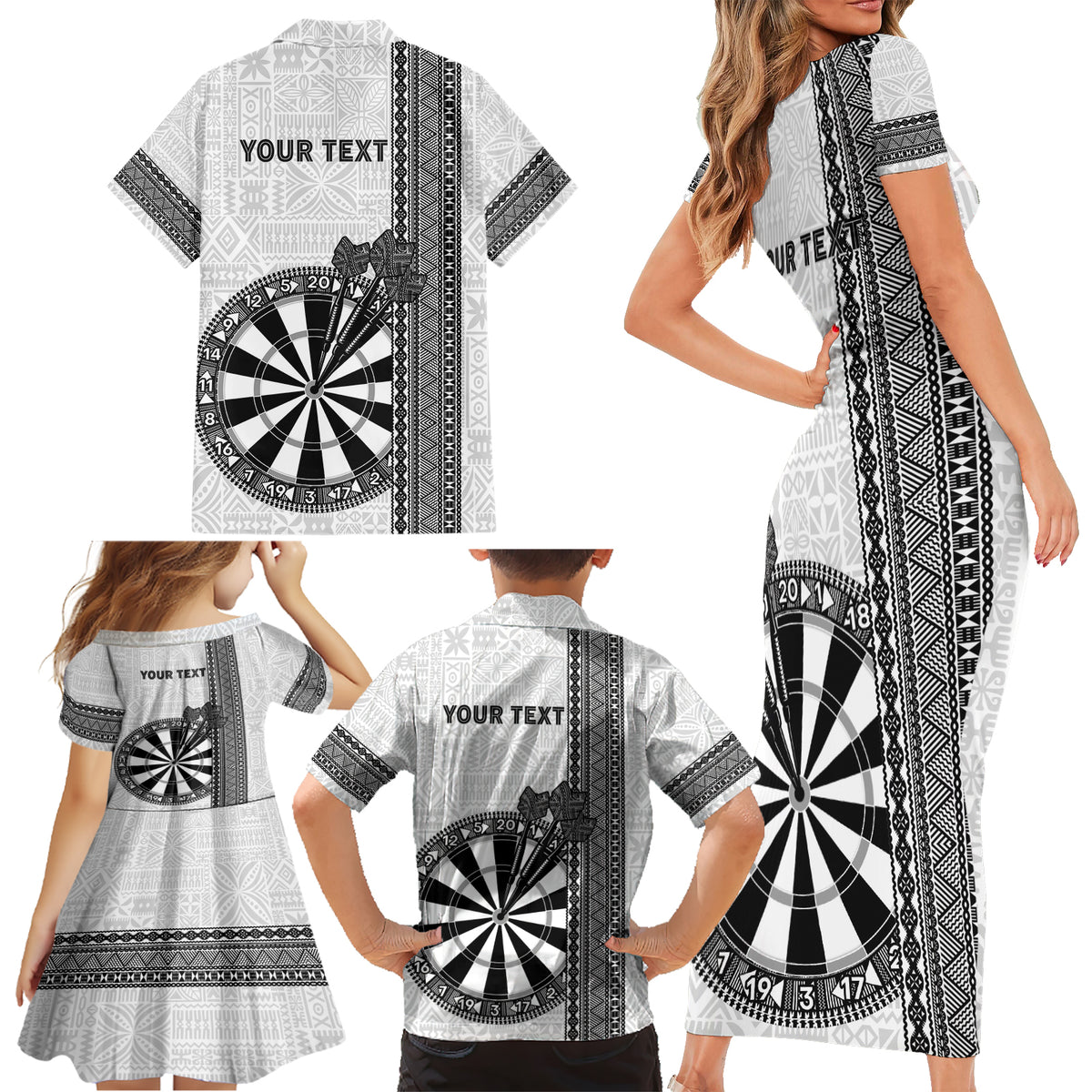 Personalised Fiji Darts Family Matching Short Sleeve Bodycon Dress and Hawaiian Shirt Fijian Tapa Pattern - White LT14 - Polynesian Pride