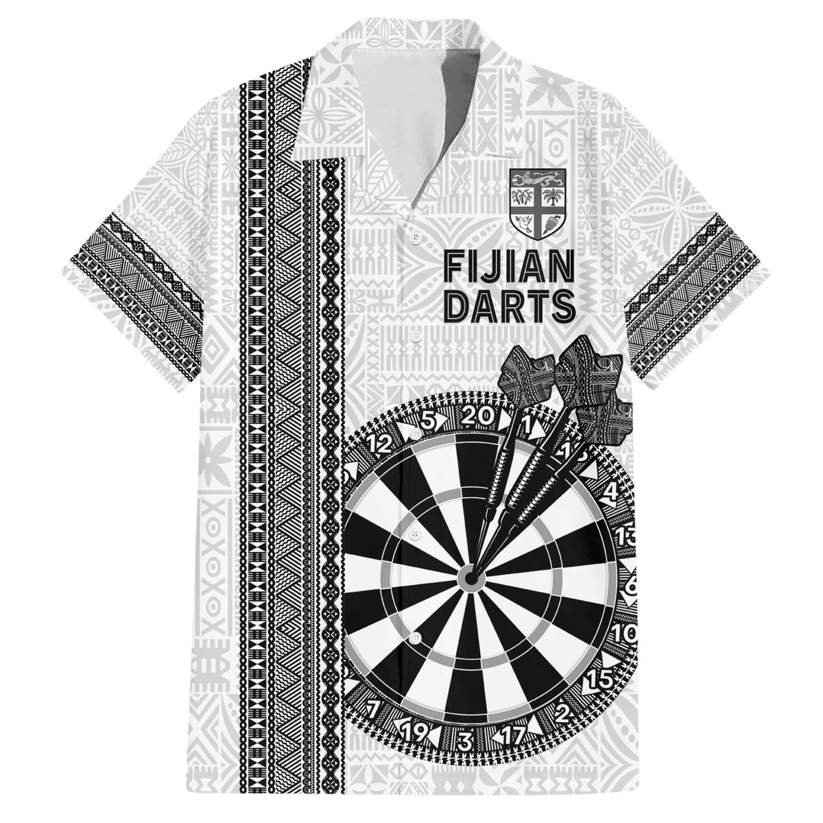 Personalised Fiji Darts Family Matching Short Sleeve Bodycon Dress and Hawaiian Shirt Fijian Tapa Pattern - White LT14 Dad's Shirt - Short Sleeve White - Polynesian Pride