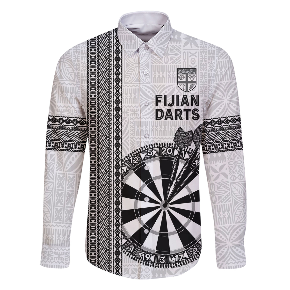 Personalised Fiji Darts Family Matching Short Sleeve Bodycon Dress and Hawaiian Shirt Fijian Tapa Pattern - White LT14 Dad's Shirt - Long Sleeve White - Polynesian Pride
