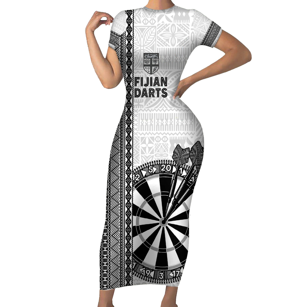 Personalised Fiji Darts Family Matching Short Sleeve Bodycon Dress and Hawaiian Shirt Fijian Tapa Pattern - White LT14 Mom's Dress White - Polynesian Pride