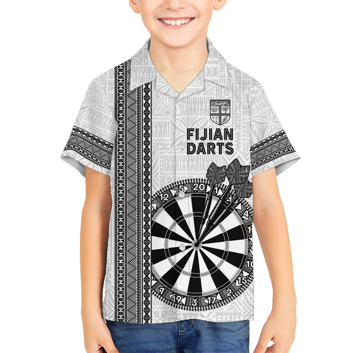 Personalised Fiji Darts Family Matching Short Sleeve Bodycon Dress and Hawaiian Shirt Fijian Tapa Pattern - White LT14 Son's Shirt White - Polynesian Pride