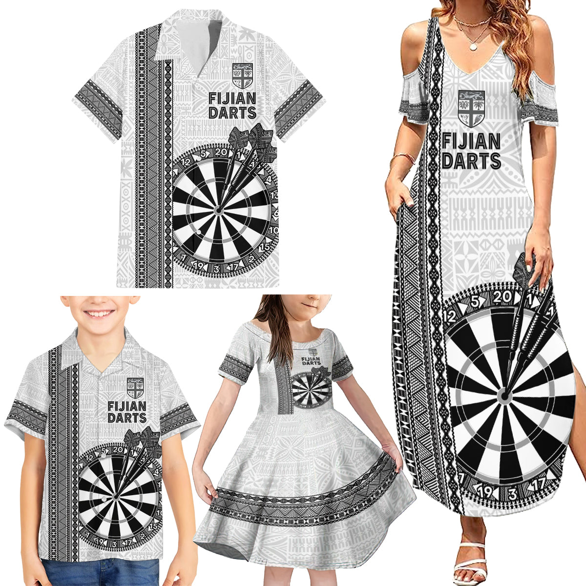 Personalised Fiji Darts Family Matching Summer Maxi Dress and Hawaiian Shirt Fijian Tapa Pattern - White LT14 - Polynesian Pride