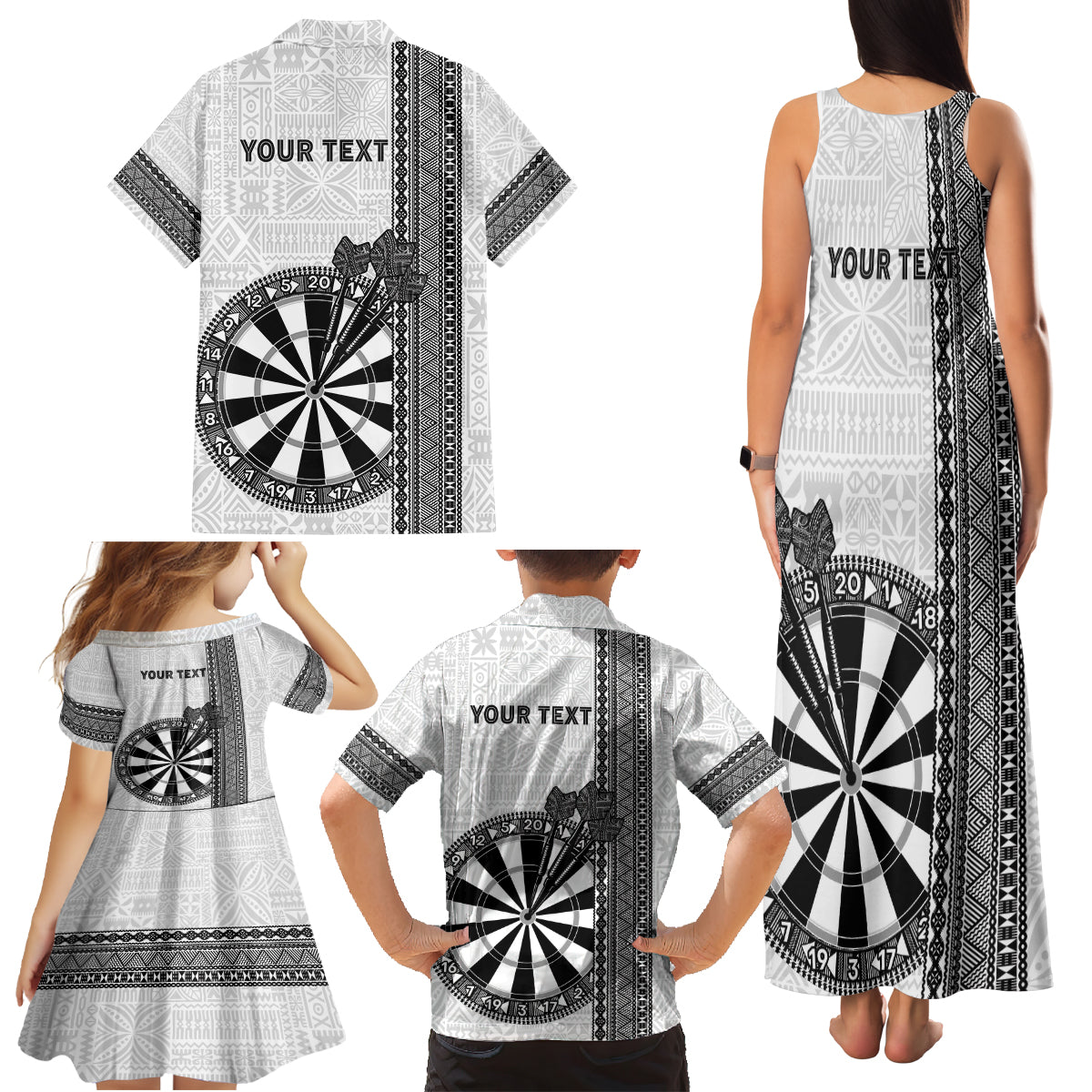 Personalised Fiji Darts Family Matching Tank Maxi Dress and Hawaiian Shirt Fijian Tapa Pattern - White LT14 - Polynesian Pride