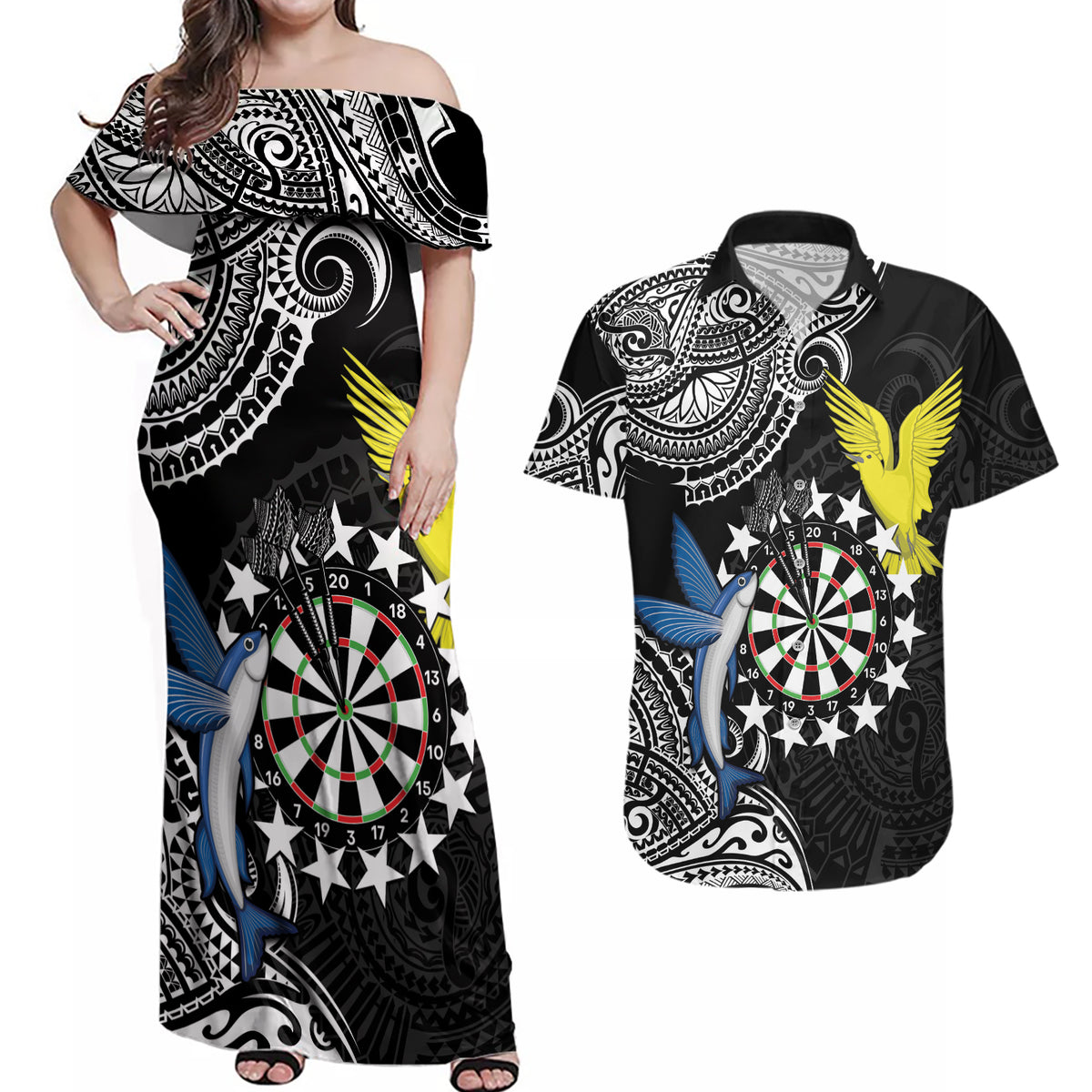 Personalised Cook Islands Darts Couples Matching Off Shoulder Maxi Dress and Hawaiian Shirt Kuki Airani Tribal Pattern LT14 Black - Polynesian Pride