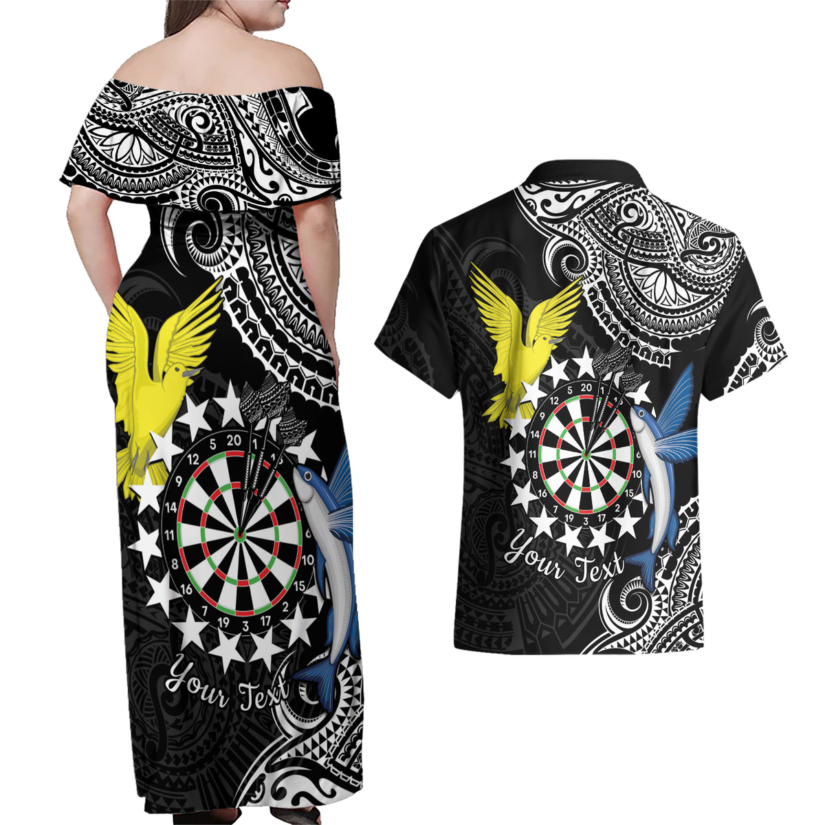 Personalised Cook Islands Darts Couples Matching Off Shoulder Maxi Dress and Hawaiian Shirt Kuki Airani Tribal Pattern LT14 - Polynesian Pride