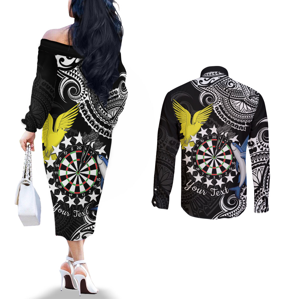 Personalised Cook Islands Darts Couples Matching Off The Shoulder Long Sleeve Dress and Long Sleeve Button Shirt Kuki Airani Tribal Pattern