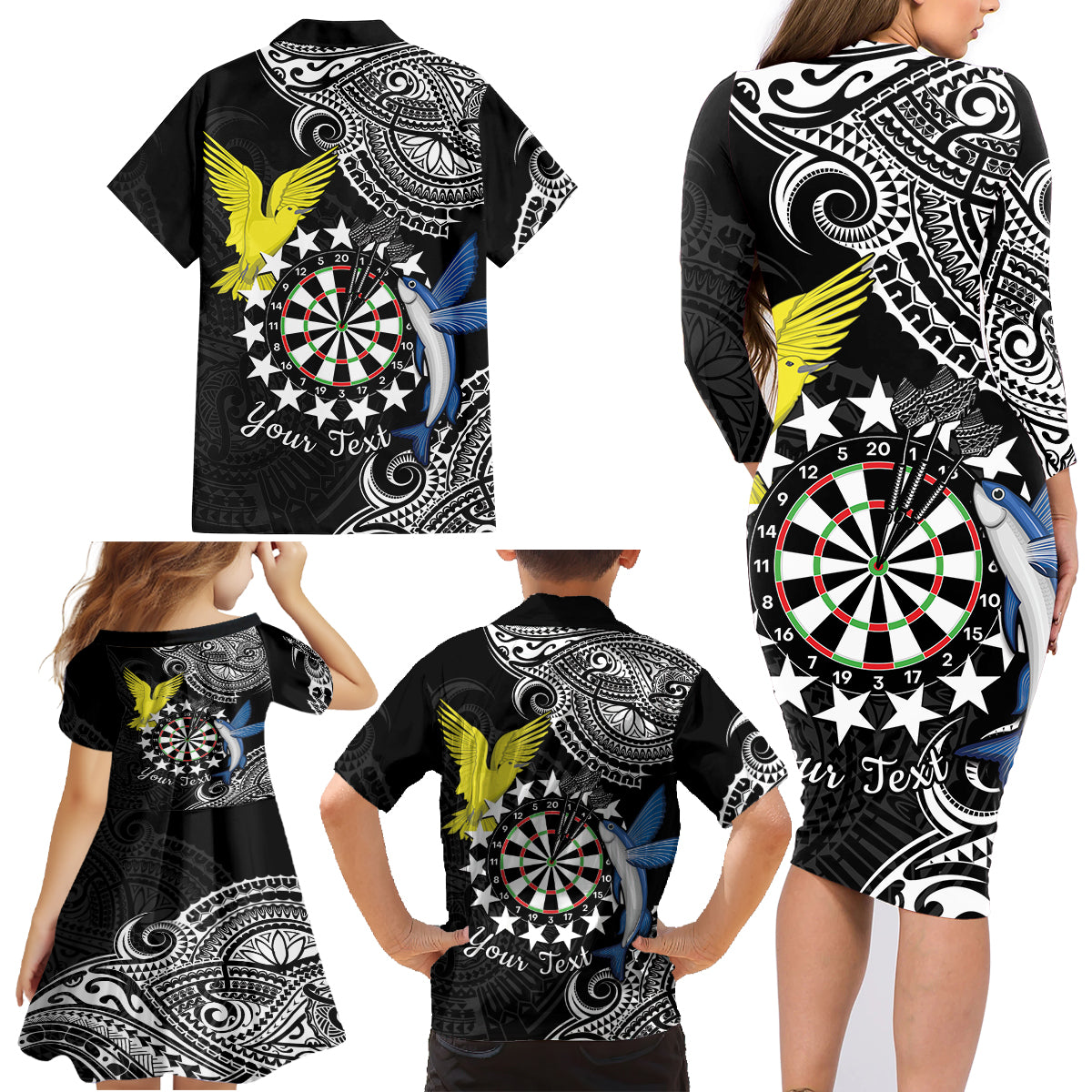 Personalised Cook Islands Darts Family Matching Long Sleeve Bodycon Dress and Hawaiian Shirt Kuki Airani Tribal Pattern LT14 - Polynesian Pride