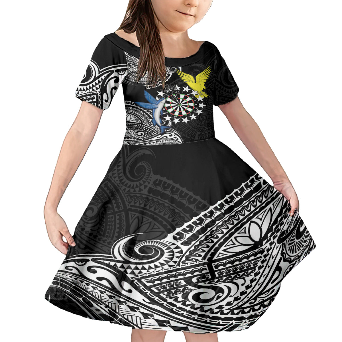 Personalised Cook Islands Darts Family Matching Mermaid Dress and Hawaiian Shirt Kuki Airani Tribal Pattern LT14 Daughter's Dress Black - Polynesian Pride