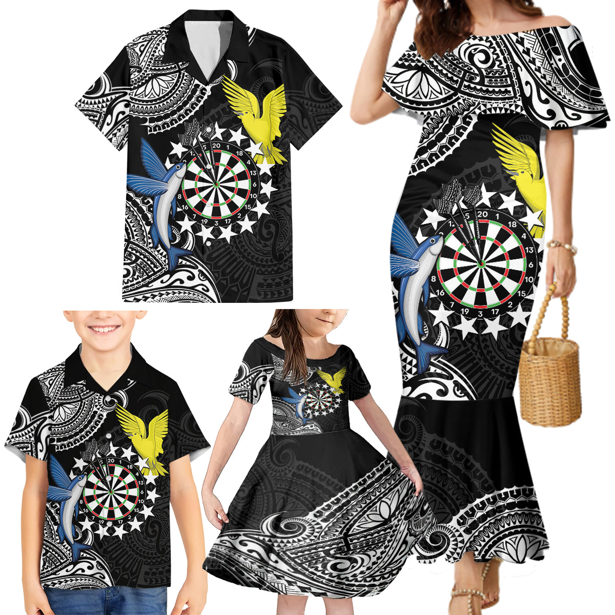 Personalised Cook Islands Darts Family Matching Mermaid Dress and Hawaiian Shirt Kuki Airani Tribal Pattern LT14 - Polynesian Pride