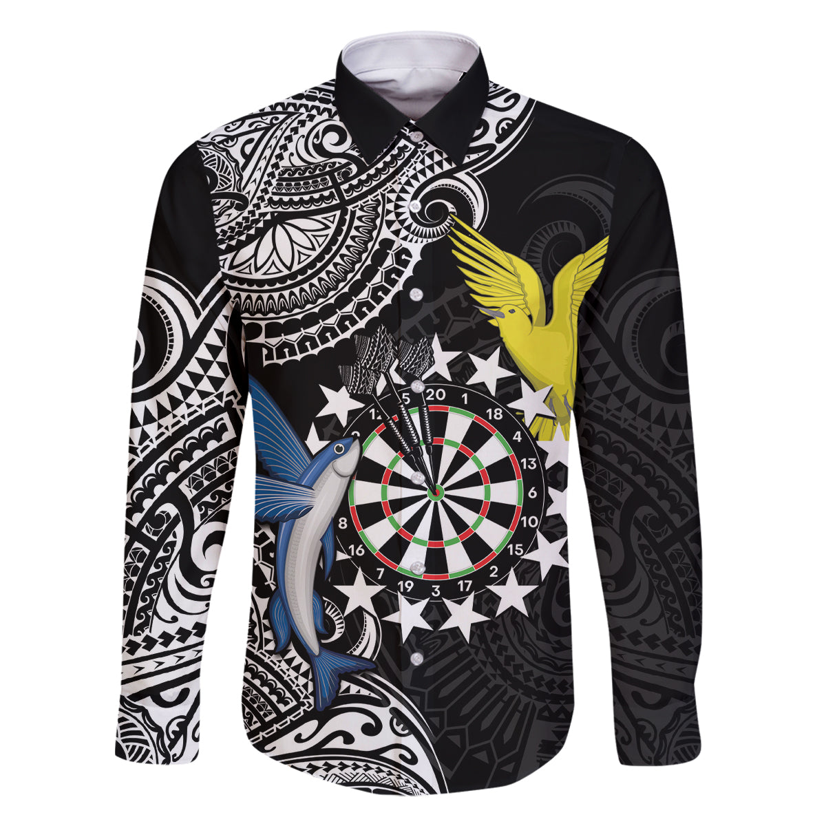 Personalised Cook Islands Darts Family Matching Mermaid Dress and Hawaiian Shirt Kuki Airani Tribal Pattern LT14 Dad's Shirt - Long Sleeve Black - Polynesian Pride