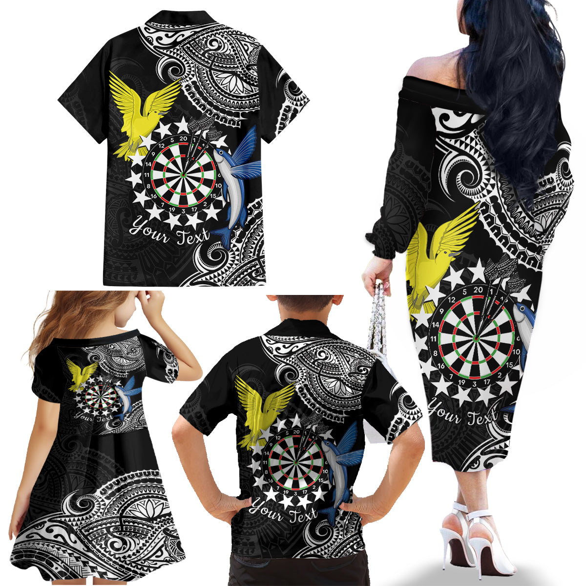 Personalised Cook Islands Darts Family Matching Off The Shoulder Long Sleeve Dress and Hawaiian Shirt Kuki Airani Tribal Pattern LT14 - Polynesian Pride