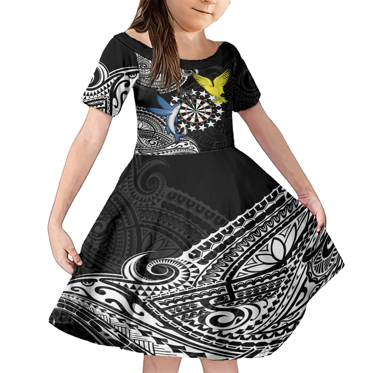 Personalised Cook Islands Darts Family Matching Tank Maxi Dress and Hawaiian Shirt Kuki Airani Tribal Pattern LT14 Daughter's Dress Black - Polynesian Pride