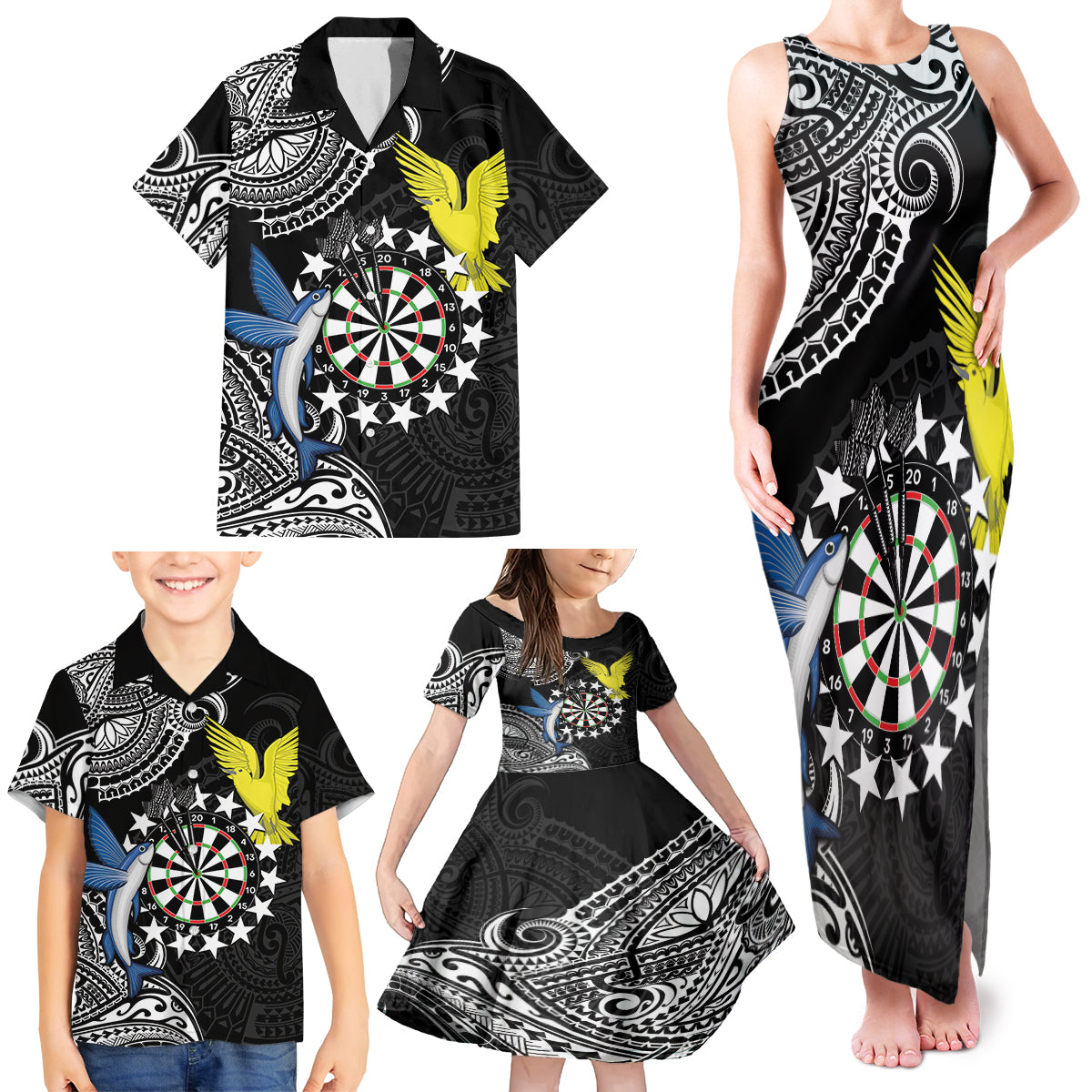 Personalised Cook Islands Darts Family Matching Tank Maxi Dress and Hawaiian Shirt Kuki Airani Tribal Pattern LT14 - Polynesian Pride