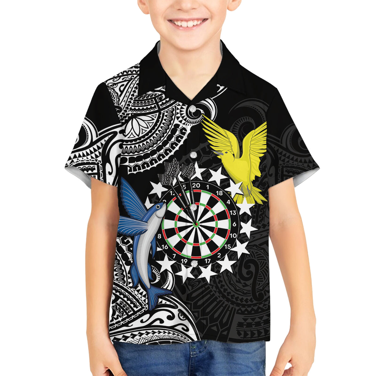 Personalised Cook Islands Darts Family Matching Tank Maxi Dress and Hawaiian Shirt Kuki Airani Tribal Pattern LT14 Son's Shirt Black - Polynesian Pride