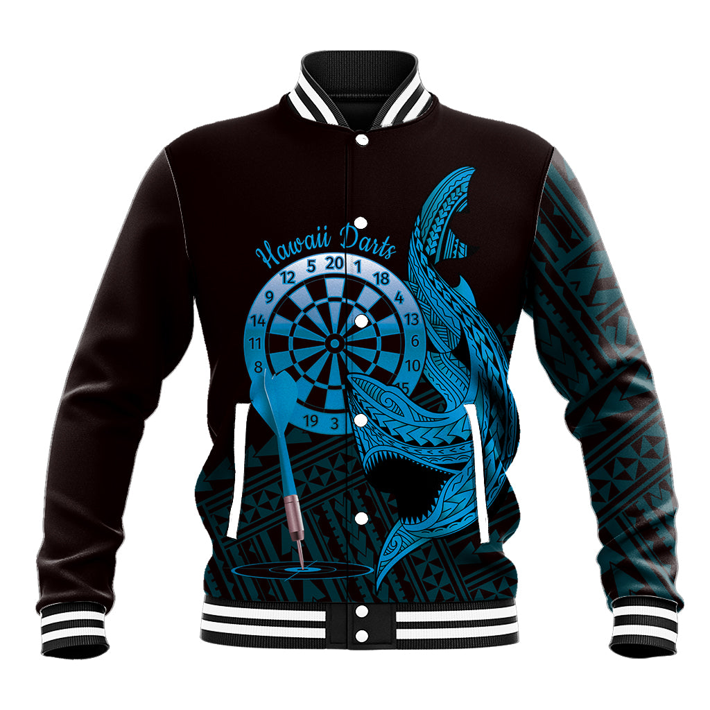 Aloha Hawaii Darts Baseball Jacket Dart Board With Polynesian Shark - Blue