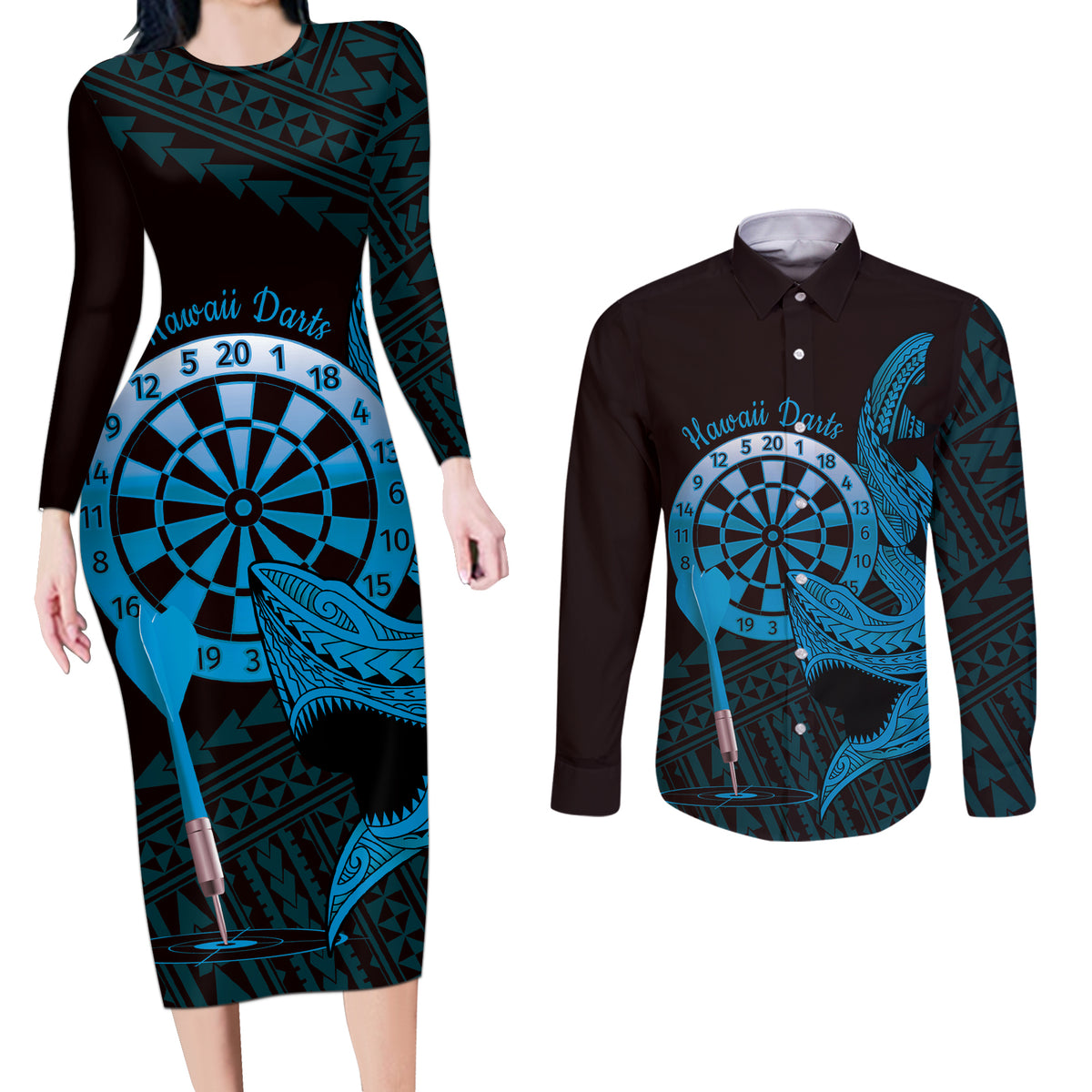 Aloha Hawaii Darts Couples Matching Long Sleeve Bodycon Dress and Long Sleeve Button Shirt Dart Board With Polynesian Shark - Blue