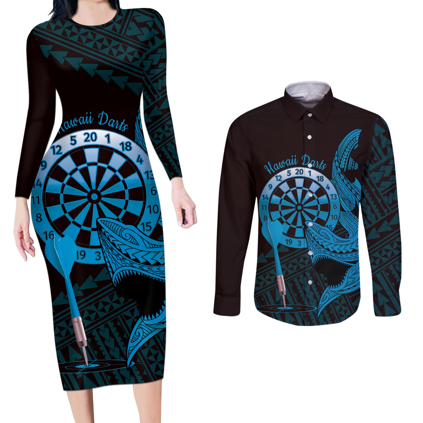 Aloha Hawaii Darts Couples Matching Long Sleeve Bodycon Dress and Long Sleeve Button Shirt Dart Board With Polynesian Shark - Blue