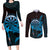Aloha Hawaii Darts Couples Matching Long Sleeve Bodycon Dress and Long Sleeve Button Shirt Dart Board With Polynesian Shark - Blue