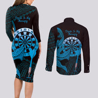 Aloha Hawaii Darts Couples Matching Long Sleeve Bodycon Dress and Long Sleeve Button Shirt Dart Board With Polynesian Shark - Blue