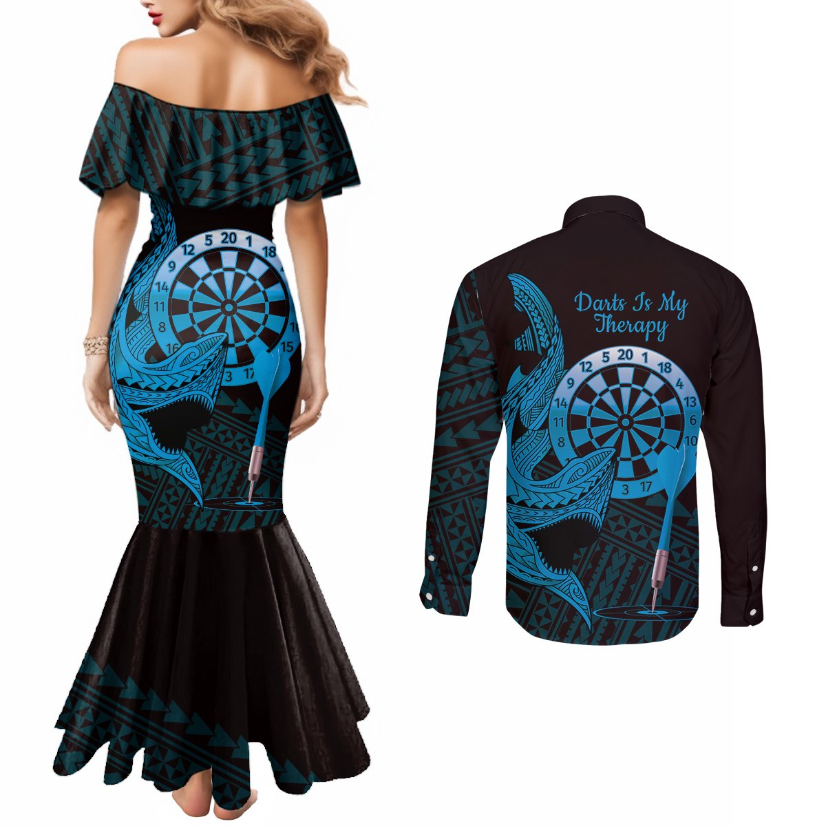 Aloha Hawaii Darts Couples Matching Mermaid Dress and Long Sleeve Button Shirt Dart Board With Polynesian Shark - Blue