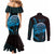 Aloha Hawaii Darts Couples Matching Mermaid Dress and Long Sleeve Button Shirt Dart Board With Polynesian Shark - Blue