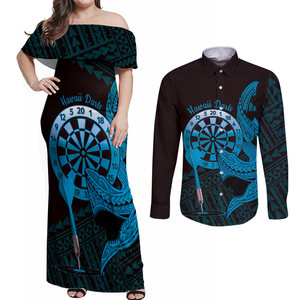 Aloha Hawaii Darts Couples Matching Off Shoulder Maxi Dress and Long Sleeve Button Shirt Dart Board With Polynesian Shark - Blue