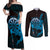 Aloha Hawaii Darts Couples Matching Off Shoulder Maxi Dress and Long Sleeve Button Shirt Dart Board With Polynesian Shark - Blue